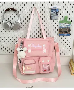 Pink Japanese sweet style canvas crossbody bag, cute college style student shoulder bag.