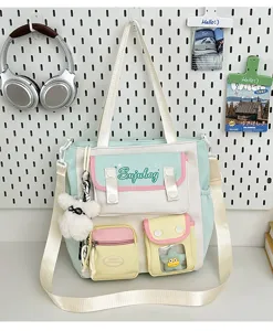 Japanese style sweet color block canvas crossbody bag cute student commuter tote bag