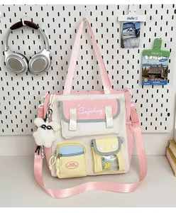 Cute Japanese style canvas tote bag with multi pockets sweet pink school shoulder bag