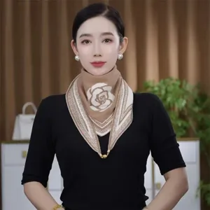 Women Winter Warm Knitted Triangle Scarf Colorblock Floral Magnetic Buckle Stylish Chic Fashion Neck Scarf