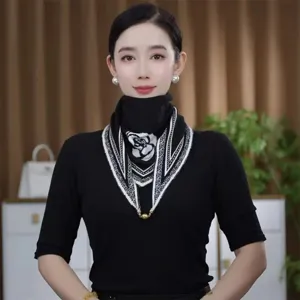 Black white knit triangular scarf winter warm cozy small golden ball elegant fashion women