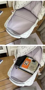 Vue détaillée de l'intérieur du sac à dos montrant des compartiments spacieux et pratiques.