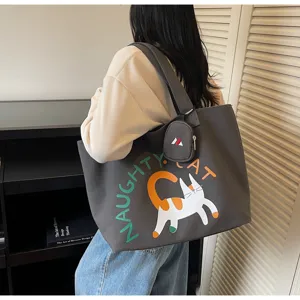 Grey canvas shoulder bag featuring a cute cat graphic print and a small matching pouch for daily.