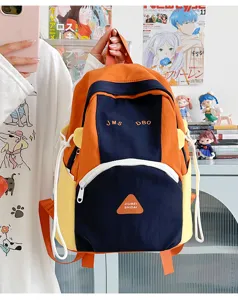 Cute student color block backpack, large capacity casual travel daypack for teen girls.