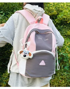 Cute colorblock student backpack large capacity casual travel bookbag with lovely dog pendant