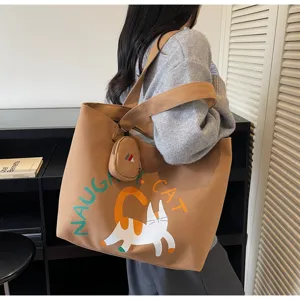 Canvas tote bag for women, large capacity shoulder bag with cute cat print and mini pouch.