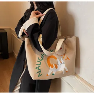 Detail view of casual large capacity canvas shoulder bag with cute cat print and coin pouch.