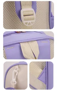 Rucksack Detailansicht mit verstellbarer Schnalle und atmungsaktivem Mesh-Gewebe Design.