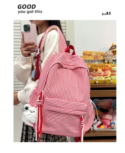 Red and white gingham backpack cute school bag with plush bear charm for teen girls