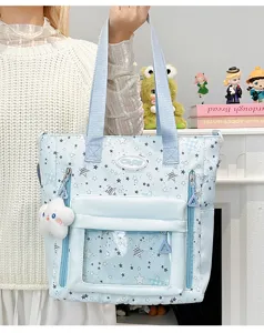 Süße japanische Sternen Canvas Tragetasche mit transparentem Frontfach für Schule.