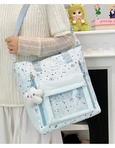 Japanischer Stil süße Stern Muster Segeltuch Umhängetasche mit transparenter Vordertasche