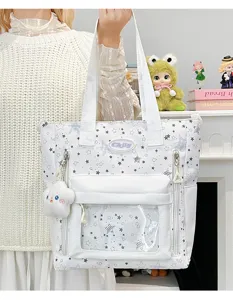 Japanischer Stil süße Sternenmuster Tragetasche Segeltuch Umhängetasche mit transparenter Tasche.