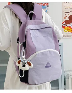 Cute purple college student backpack large capacity travel double shoulder bag with dog pendant.
