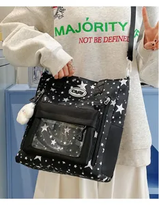 Japanischer Campus-Umhängetasche aus Segeltuch mit Sternenmuster und transparenter Tasche.