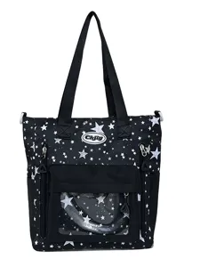 Schwarze Tragetasche mit Sternen, japanische College-Schultertasche mit transparentem Fach.
