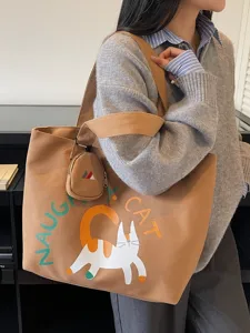 Women Large Capacity Canvas Tote Bag Casual Chic Shoulder Bag Cute Cartoon Cat Print Commuting Handbag With Pouch