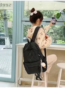 Sac à dos matelassé noir minimaliste de style coréen grande capacité pour école et voyage