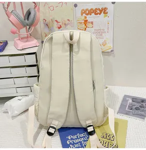 Sac à dos décontracté beige minimaliste vue détaillée, cartable de style campus grande capacité.