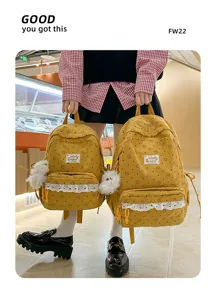 Korean style corduroy school backpack for teen girls cute floral design travel daypack.