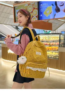 College style corduroy backpack with cute star pattern, lace trim and plush pendant for daily.