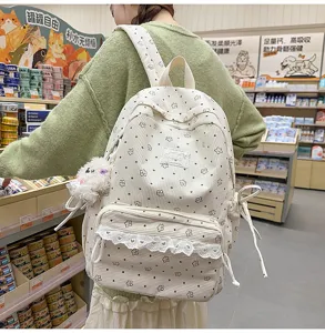 Korean style corduroy school backpack for teen girls cute floral print casual daypack