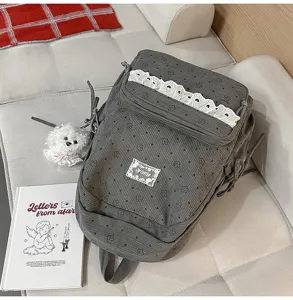 Cute corduroy school backpack with lace trim, aesthetic daily casual daypack for teens.