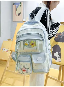 Sac à dos étudiant à pois style japonais doux avec fenêtre transparente et jouets en peluche