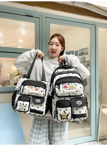 Joli ensemble de sac à dos et fourre-tout à pois noirs et blancs de style japonais avec poches.