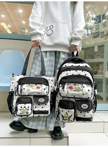 Sac à dos transparent à pois noir et blanc style japonais pour étudiants et filles.