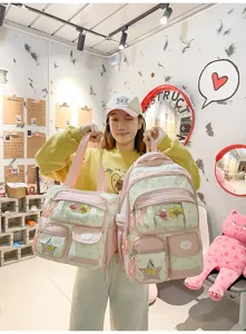Joli ensemble sac à dos et cabas rose à pois avec poche transparente pour le collège.