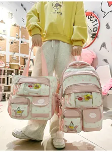 Ensemble sac à dos et cabas à pois roses avec fenêtre transparente pour étudiants.