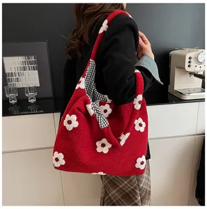Sac cabas pelucheux à fleurs style coréen pour femmes, grand sac d'épaule décontracté.