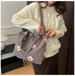 Sac cabas en peluche à fleurs style coréen pour femmes, grand sac à épaule bandoulière tendance.