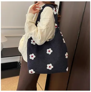 Sac cabas en tricot floral style coreen, beau sac epaule en laine douce pour femmes.