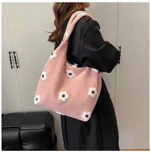 Sac cabas en peluche florale style coréen décontracté, sac bandoulière doux pour usage quotidien.