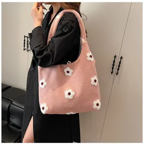 Sac cabas en peluche rose style coréen avec de jolies fleurs blanches, grand sac bandoulière.