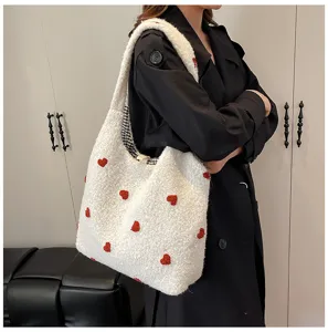 Sac cabas duveteux blanc douillet avec motif de cœur rouge, grand sac bandoulière.