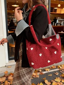 Sac Cabas en Peluche Floral Style Coréen pour Femmes Étudiante Grande Capacité Sac à Bandoulière Décontracté Joli Sac à Main Moelleux