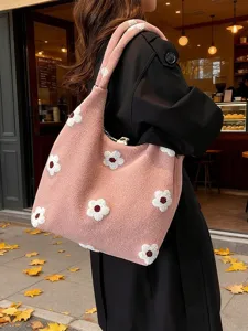 Sac cabas en peluche à fleurs style coréen pour femmes grand sac porté épaule décontracté