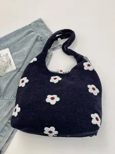 Sac cabas fourre-tout pelucheux floral mignon style coréen, sac d'épaule doux femme.