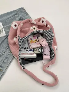 Sac cabas en peluche florale style coréen grande capacité joli sac à main pour femme