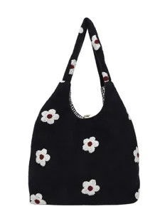 Sac cabas pelucheux a fleurs noir sac porte epaule decontracte grand format femme