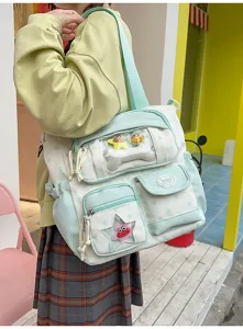 Sac à dos ita à pois style doux avec poche transparente, joli sac d'école vert pastel ados.