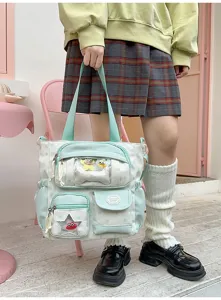 Sac ita en toile à pois vert pastel doux de style japonais avec fenêtre transparente.