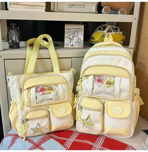 Adorable ensemble de sac à dos et fourre-tout d'étudiant en toile à pois jaunes japonais.