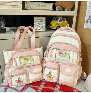 Ensemble sac a dos cabas a pois rose et blanc poche transparente peluche mign