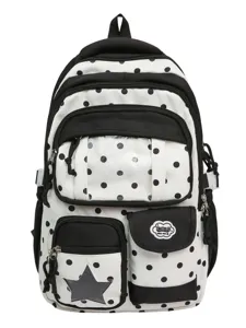 Sac à dos d'étudiant classique à pois noirs et blancs avec fenêtre transparente et poches.
