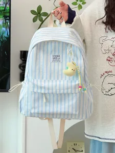Japanese style fresh canvas backpack casual striped school bag large capacity bookbag for women