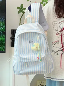 Details of Japanese ins style striped canvas backpack, casual large capacity school bag.
