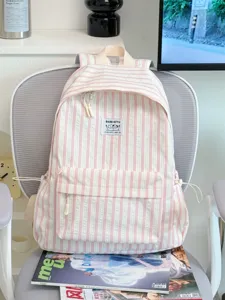 Pink white striped backpack women casual college book bag large capacity aesthetic daypack